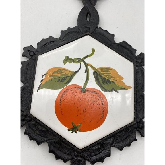 Vtg Cast Iron & Ceramic Trivet Lego Japan‎ 1970s Peach Fruit On White - Picture 3 of 10